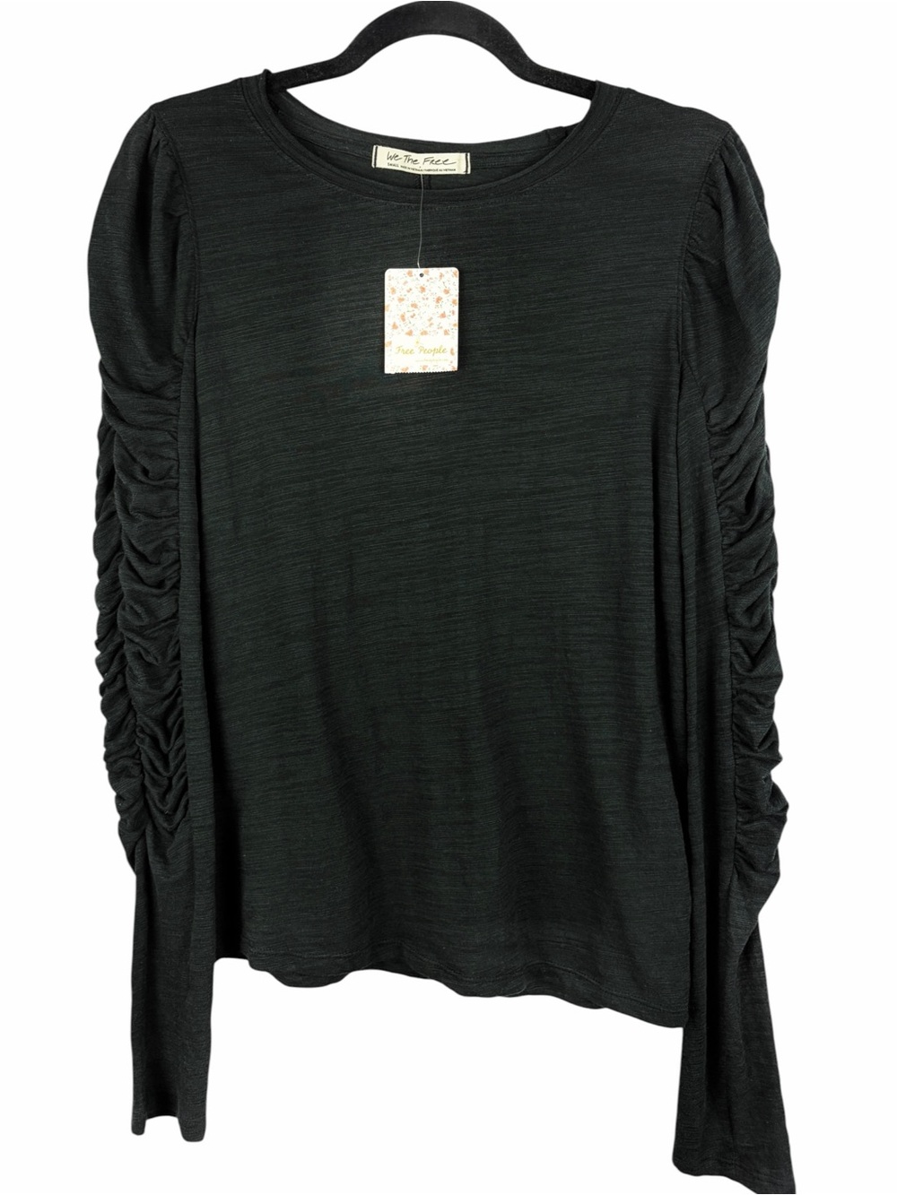 Free People We The Free Charcoal Grey Ruched Sleeve Long Sleeve Top Small NWT
